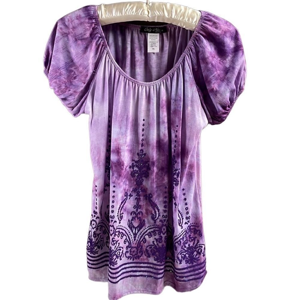 Only Nine Ladies Scoop Neck Embellished Top,Sz Petite Small,Purple Tye Dye Look